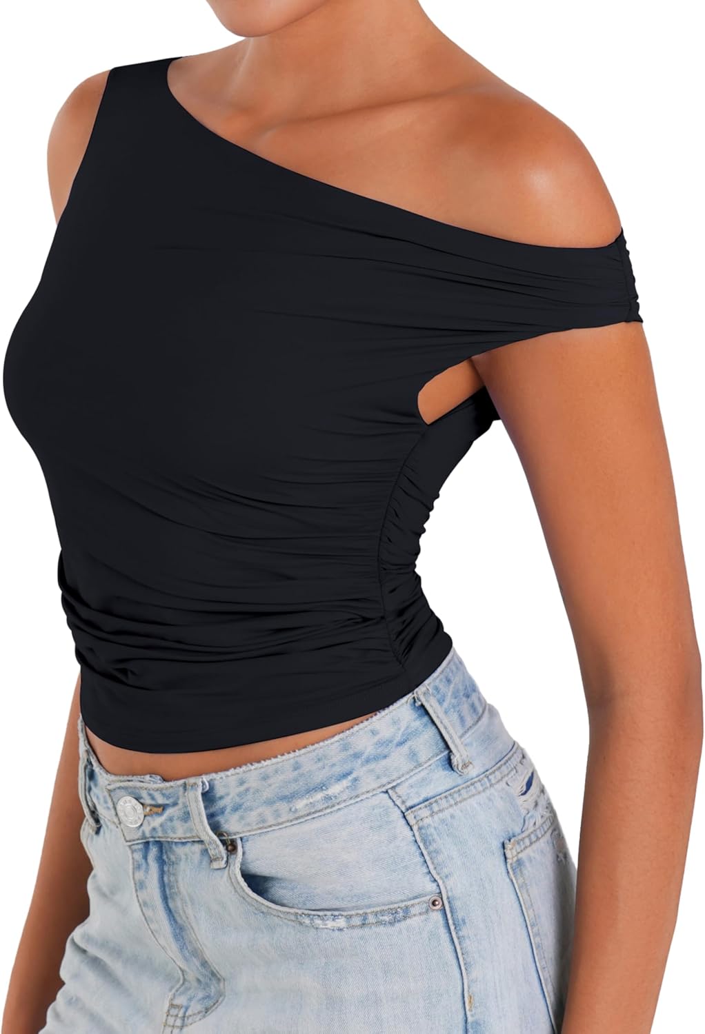 Sunzel Women's Off Shoulder Sleeveless Crop Top, Y2K Trendy Going Out Tank Shirt, Asymmetrical Neckline & Ruched Detail - Image 2