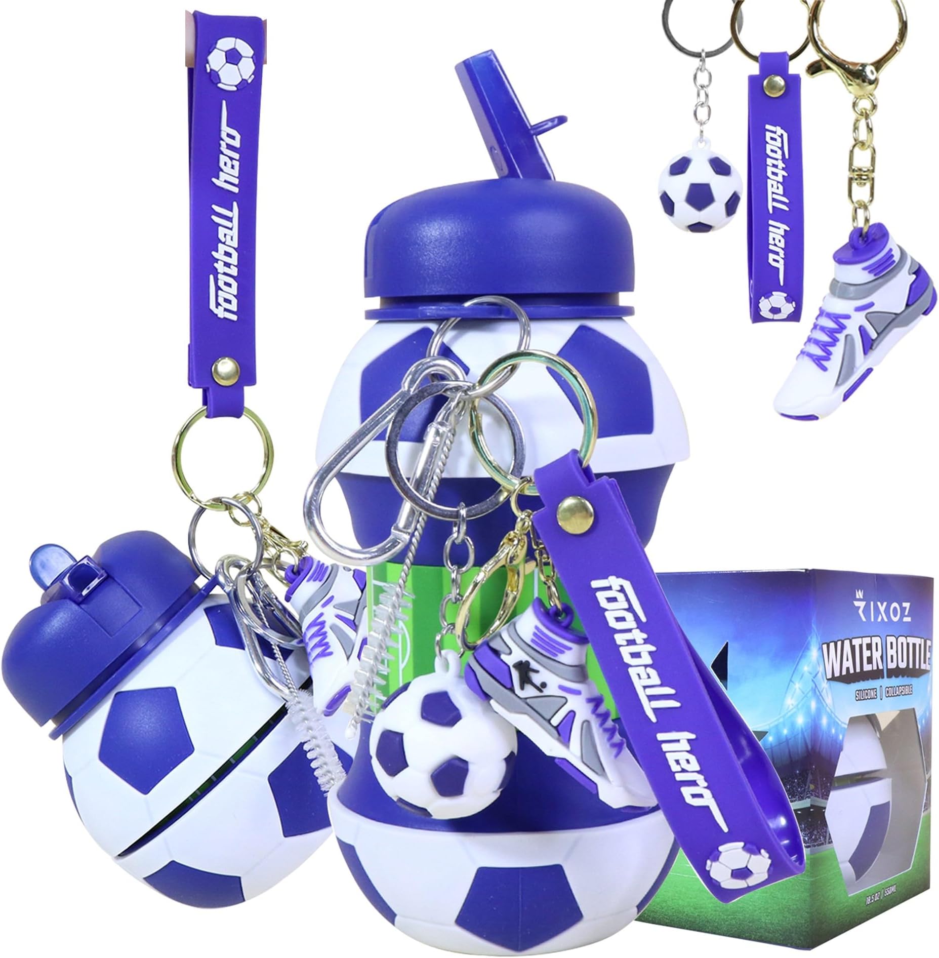 RIXOZ Blue Football Water Bottle - 550ml Silicone Collapsible Football Water ...