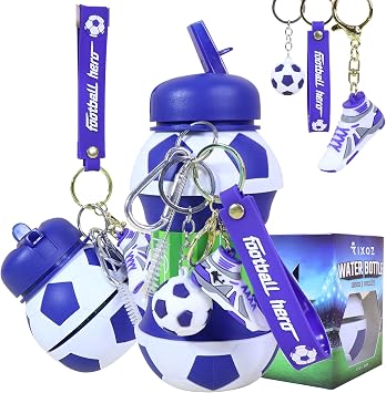 Blue Football Water Bottle - 550ml Silicone Collapsible Football Water Bottle With Football Keyring For Kids