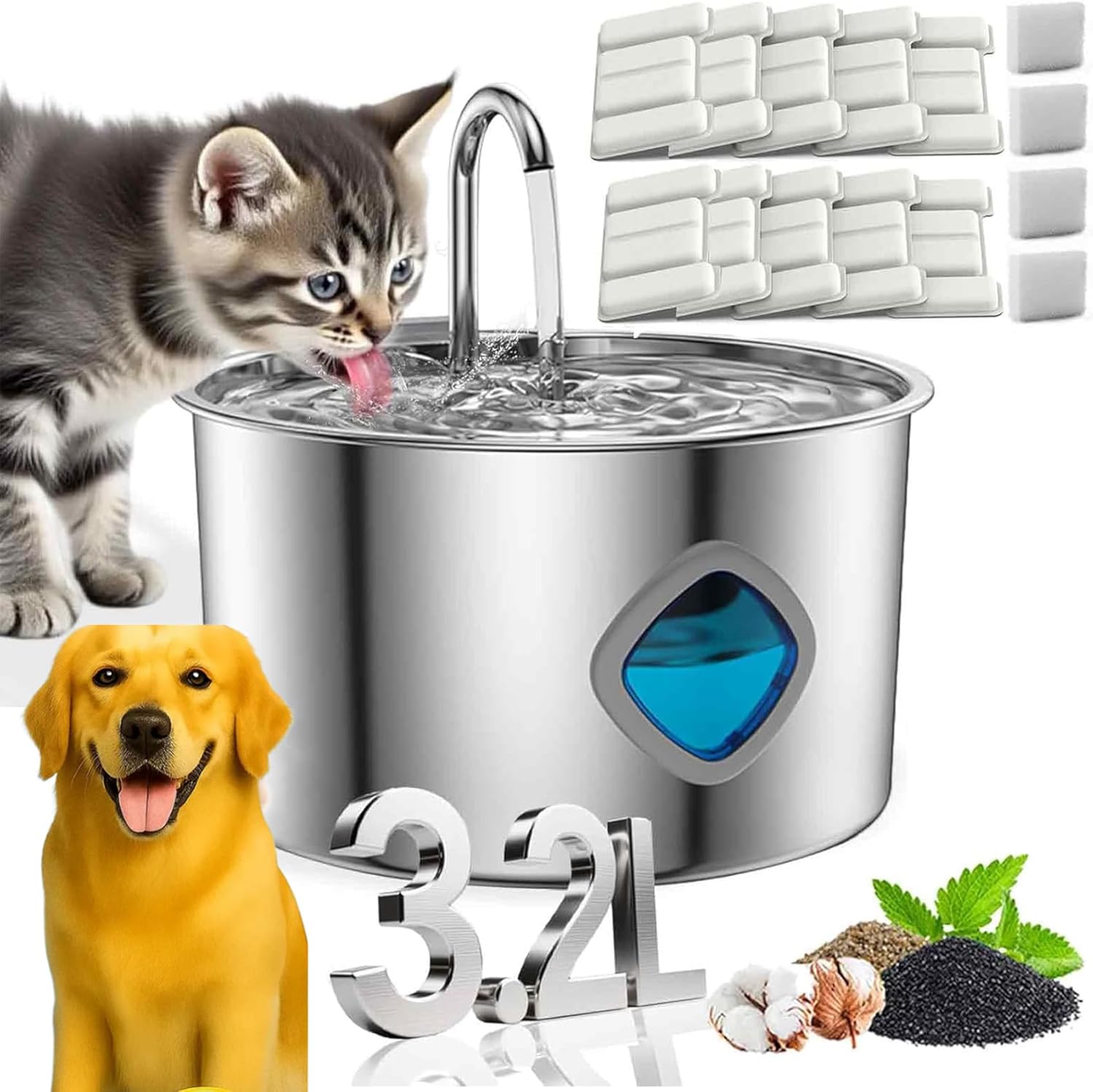 Wag Wells Dog Fountain, 2026 Upgrade Wag Wells Water Fountain for Dogs, Stainless Steel Dog Water Fountain with Visual Water Level&Quiet Pump (1PC+2Filters)