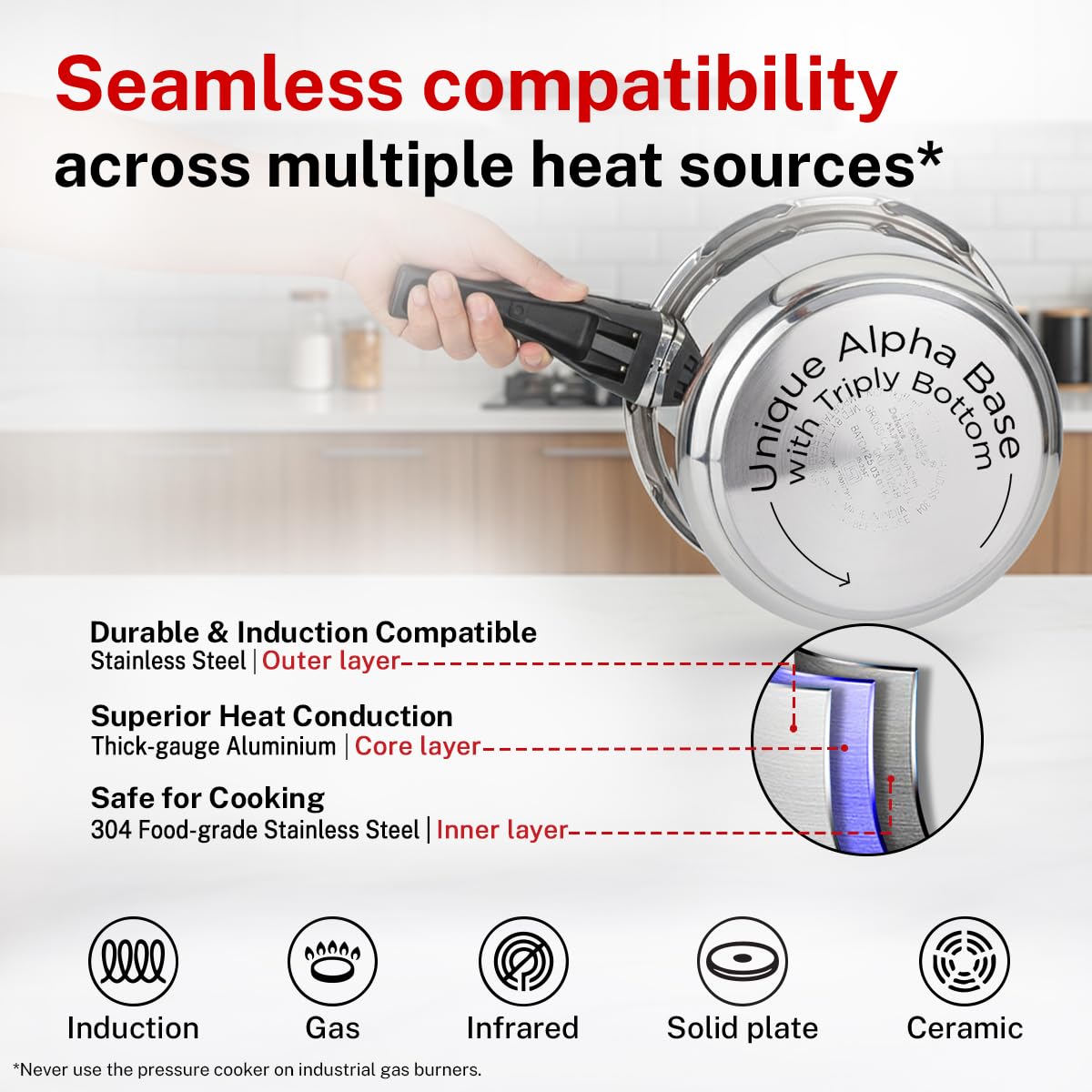 Standard stainless steel is a poor thermal conductor. When you use a cheap steel pot on an induction burner, it produces extreme hot spots that burn your food as the induction coil tries to transfer energy properly. Prestige addresses this with their heavy-duty Tri-Ply Alpha Base. They placed a highly conductive layer of thick aluminum between two layers of magnetic stainless steel across the entire bottom. This provides lightning-fast, edge-to-edge heat dispersal.