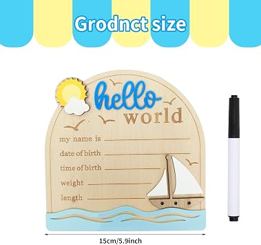 Baby Announcement Sign, 5.9 Inch Wooden Hello World Newborn Signs, Birth Announcement Sign and Pen, Sun and Sailboats Decoration, Welcome Newborn Arrival to World,Hospital Nursery for Baby (Dark Blue)
