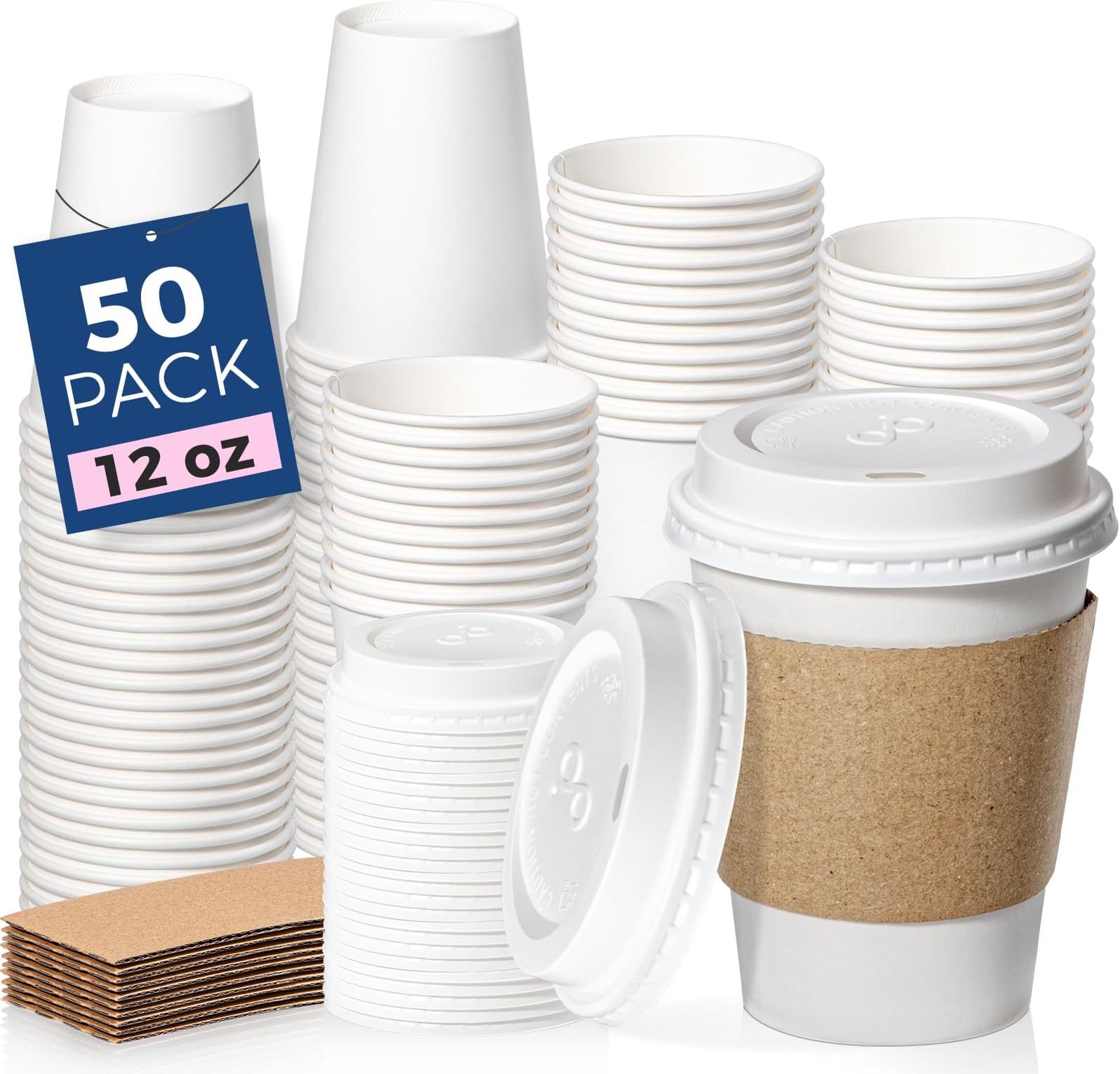 Fit Meal Prep 50 Pack 12 oz Disposable Coffee Cups with Lids, Sleeves, Leak-Proof To Go Coffee Cups with Lids, Durable Hot Paper Cups for Home, Office, Party, Business