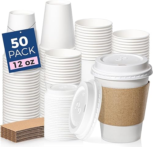 Fit Meal Prep 50 Pack 12 oz Disposable Coffee Cups with Lids, Sleeves, Leak-Proof To Go Coffee Cups with Lids, Durable Hot Paper Cups for Home, Office, Party, Business