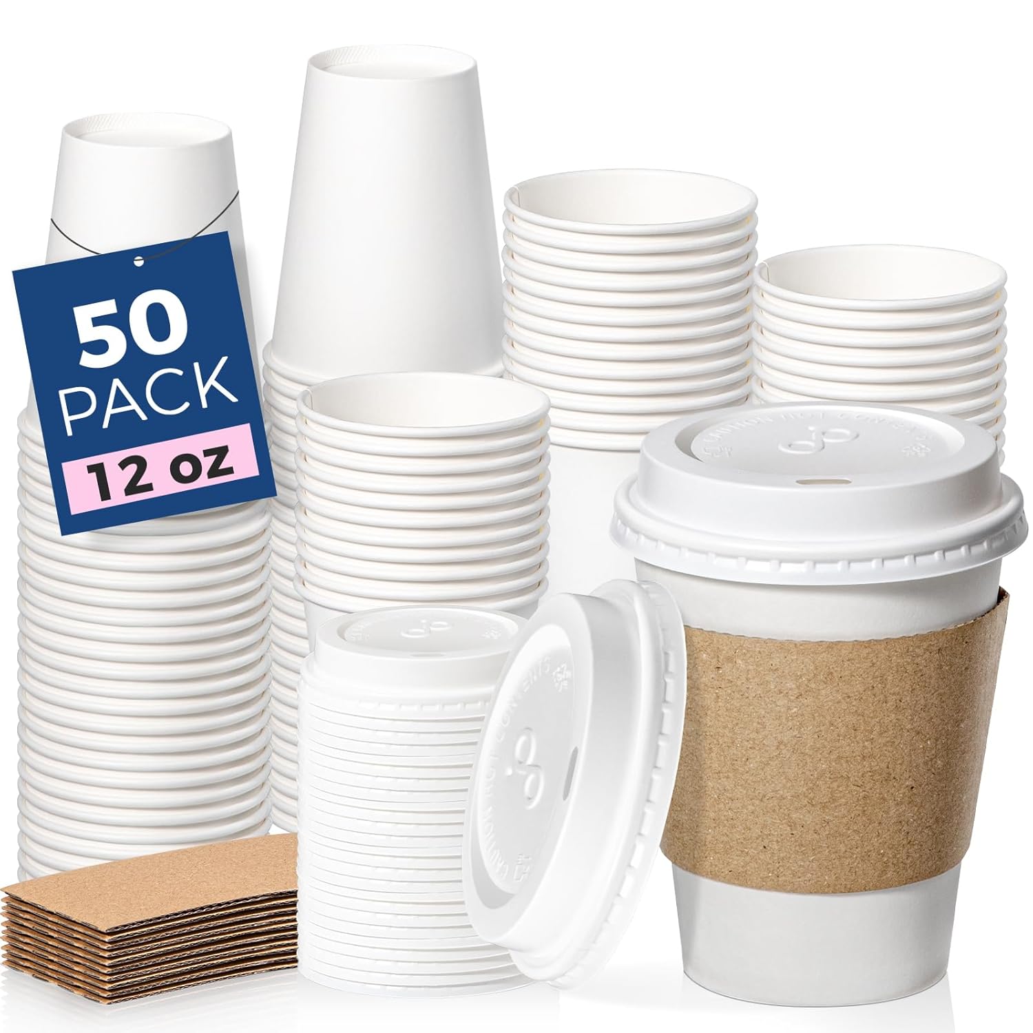 Fit Meal Prep 50 Pack 12 oz Disposable Coffee Cups with Lids Sleeves Leak-Proof To Go Coffee Cups
