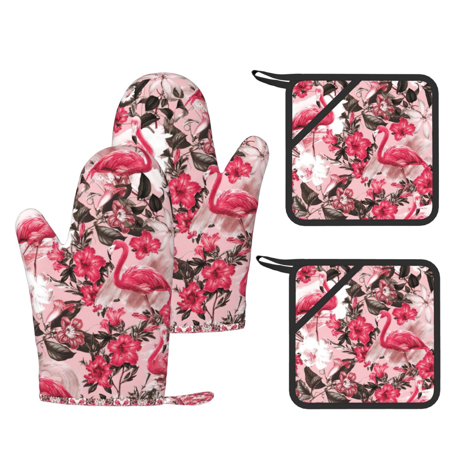 Flamingo Floral Printed Printed Oven Gloves and Hot Pads Set of 4, High Heat Resistant Silicone Mitts for Cooking BBQ