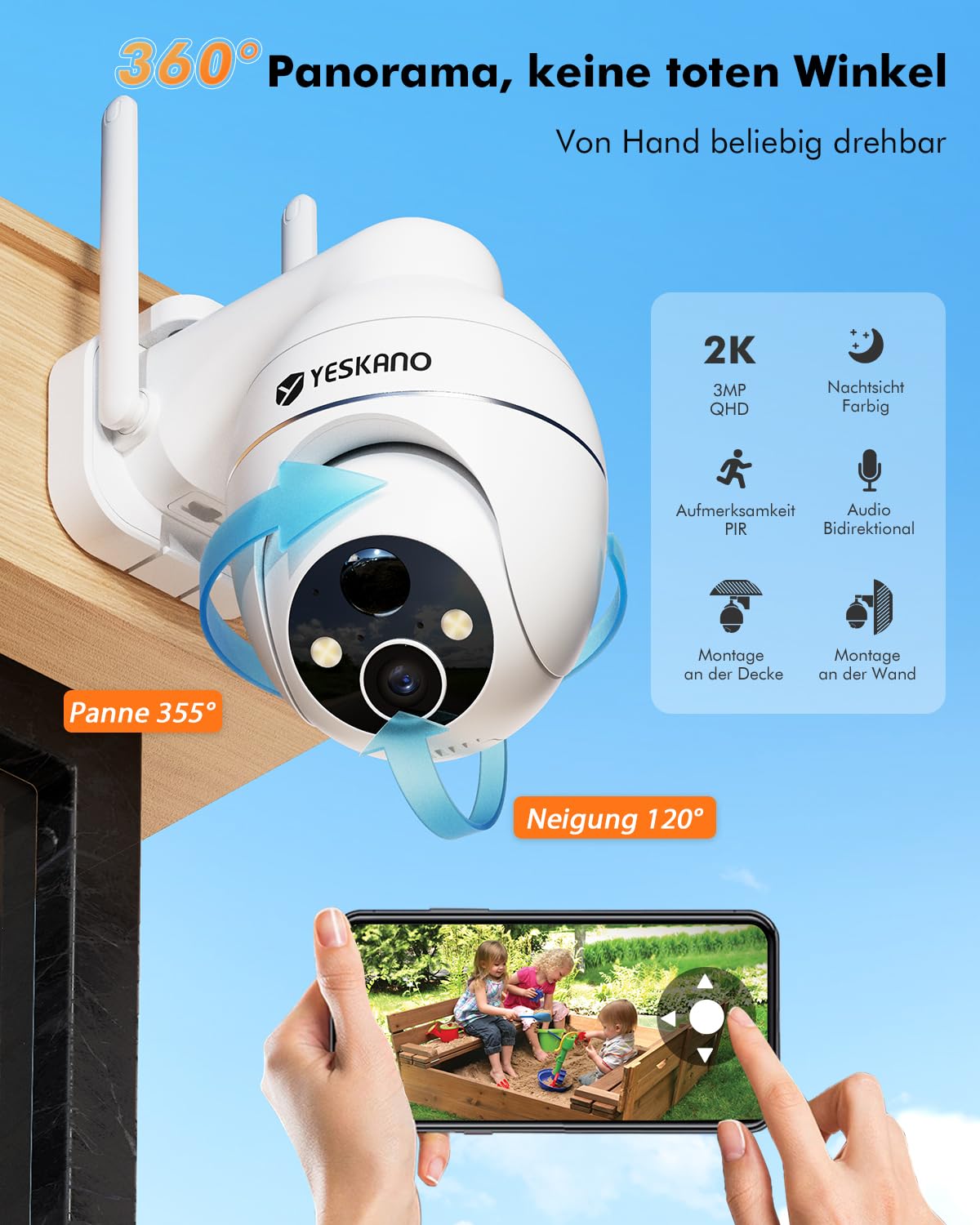 YESKANO 2 K Überwachungskamera, WLAN, für den Außenbereich, kabellos, Solar, 360 °, PTZ, Solarkamera, Akku 2,4 GHz, Nachtsicht, Farbe, PIR-Erkennung, bidirektionales Audio Weiß