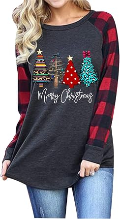 Merry Christmas Shirt Christmas Truck Tree Long Sleeve Raglan T-Shirt Women Plaid Splicing Casual Tops Blouse