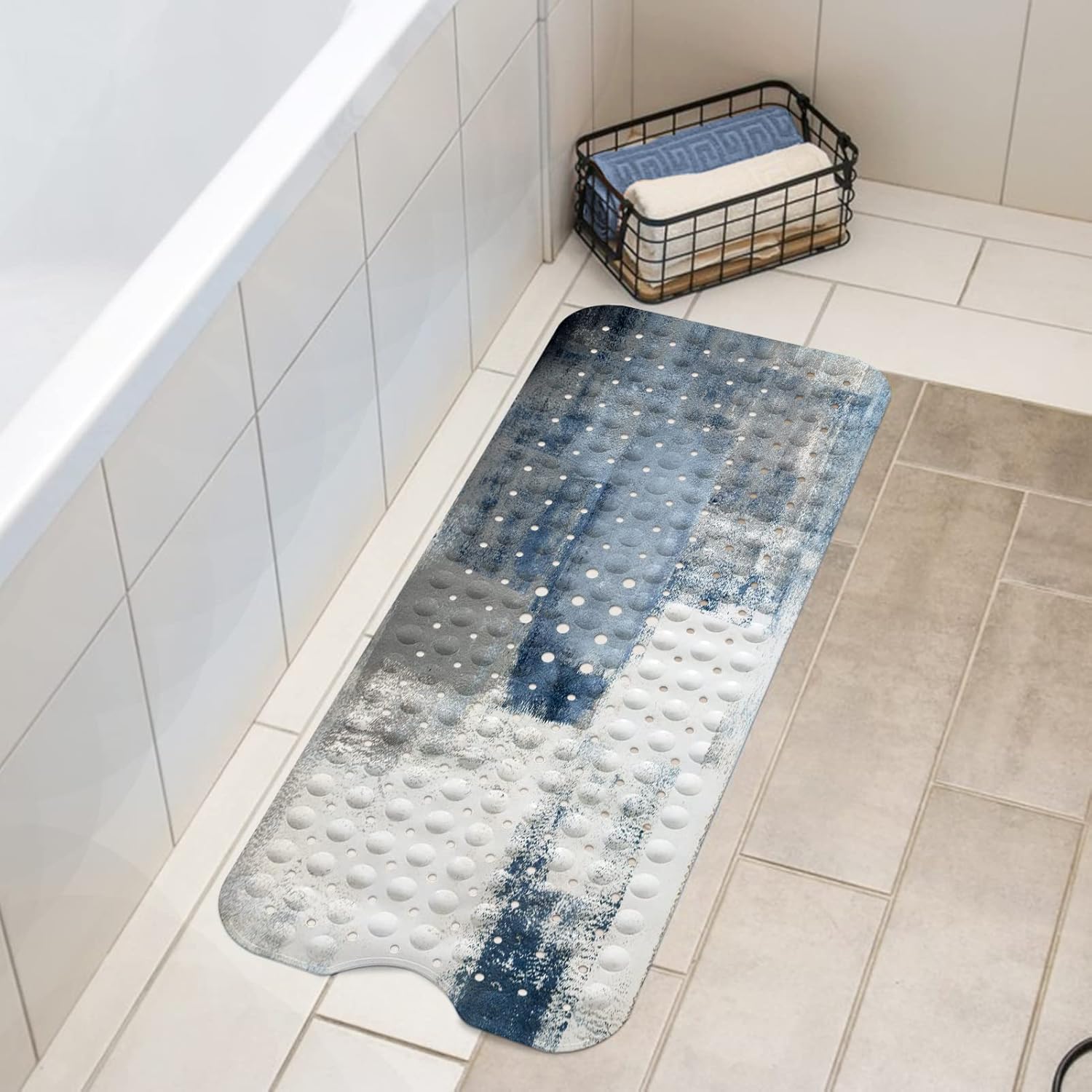 LNOND Blue Bathtub Mat Non Slip, 40 X 16 Inch Tub Mat for Bathroom + 4 Pieces Bathroom Wall Art, Relax Soak Unwind Breathe Blue Abstract Bathroom Signs Decor