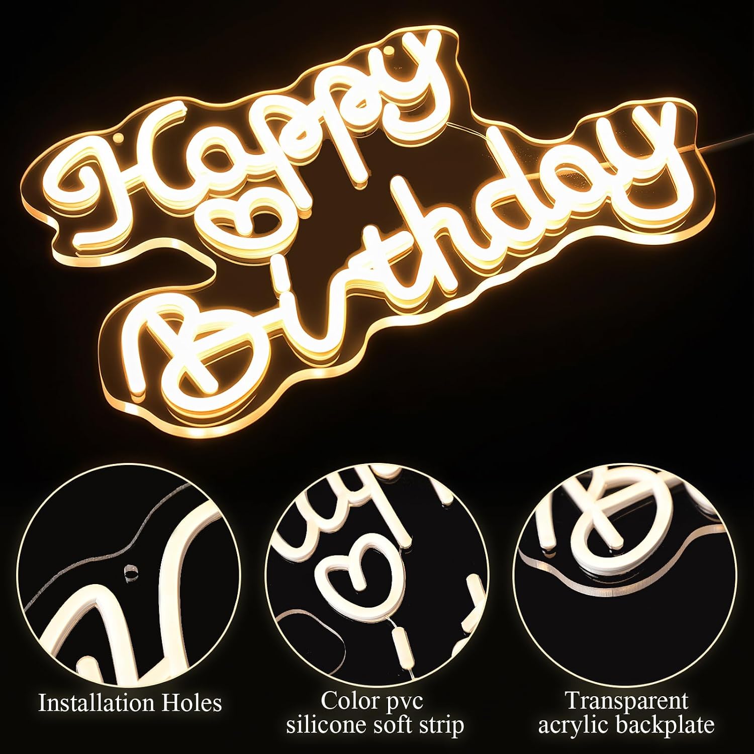 Retisee Happy Birthday Neon Sign Warm White LED Light Sign USB Powered Light up Background Adjustable Brightness Wall Art Decor for Birthday Celebration Party Backdrop Gifts
