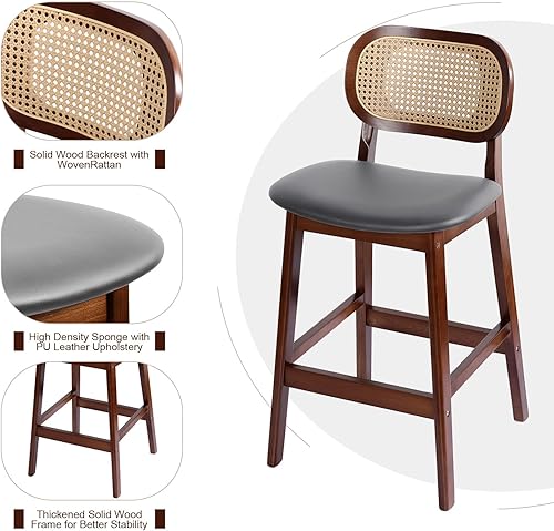 Miniatura 4 de Taburetes de bar de madera negra con respaldo de ratán tejido a mano y asiento de cuero acolchado, juego de 2, ideal para comedor, sala de estar,