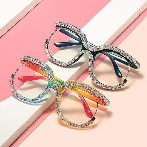 Miniatura 7 de LJCZKA Gafas de bloqueo de luz azul de gran tamaño para mujer, con diamantes de imitación, anti luz azul, lentes de diamante antifatiga ocular