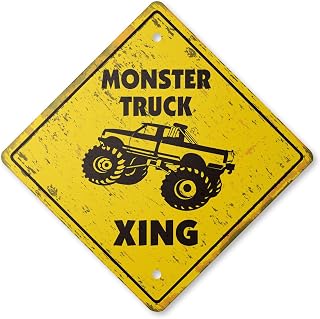 Monster Truck Vintage Crossing Sign Zone Xing | Indoor/Outdoor Plastic | 12" Tall Rustic Jump Race cage Tires Big Foot