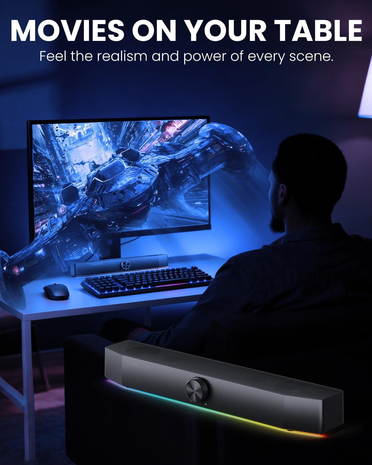 Computer Speakers for Desktop, 2.0 Channel PC Speakers with Bottom Glow LED Light, Clear Sound Soundbar for Desktop Laptop Monitor, 3.5mm Aux Input, USB Powered, Black