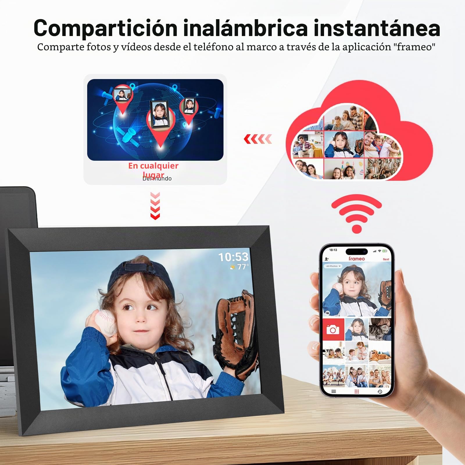 Hesmor 64GB Marco de Fotos Digital WiFi 10,1 Pulgadas Pantalla Táctil Marco Digital IPS 1280 x 800 Rotación Auto Frameo Portaretratos Digitales de Fotos Inteligente Soporte Foto, Música, Video, Negro