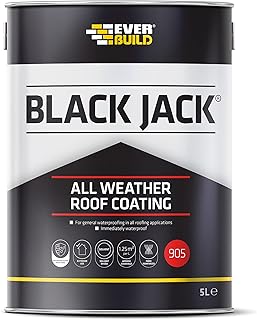 Everbuild Black Jack 905 – All Weather Roof Coating – Solvent-Based – Fibre-Reinforced – Fast Drying – Weatherproof – Black – 5 Litre