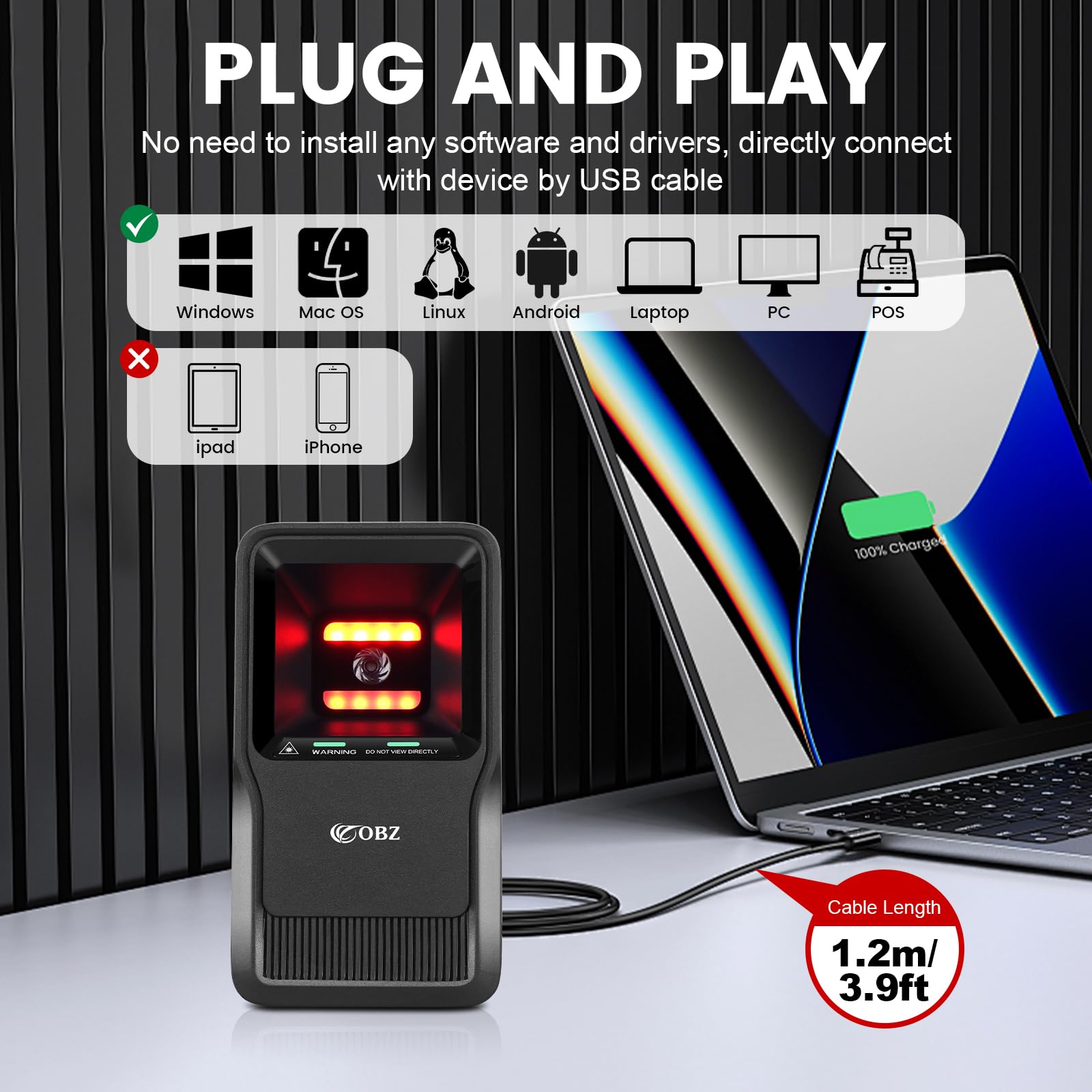 OBZ Escáner de Códigos de Barras de Escritorio Omnidireccional, 1D 2D Lector Códigos Barras y QR con USB Cable, Automático y Manos Libres Sobremesa para POS, Supermercado, Tienda, Almacén