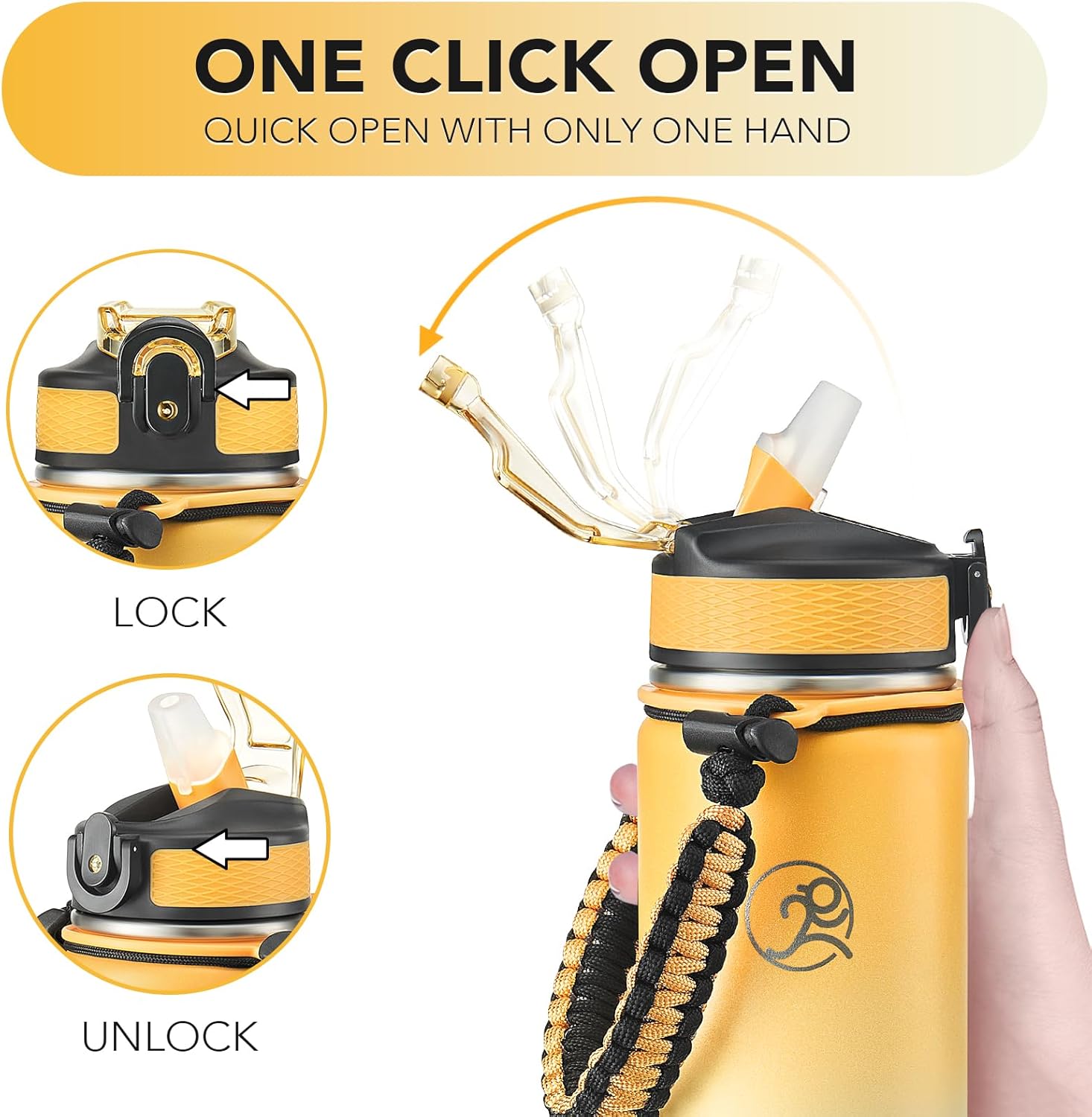 GOSWAG Insulated Sports Water Bottle, 24oz 2 Lids(with Straw/No Straw), Stainless Steel Water Bottles with Paracord Handle, Insulated Bottle with Double-Wall Vacuum Insulation - Image 5