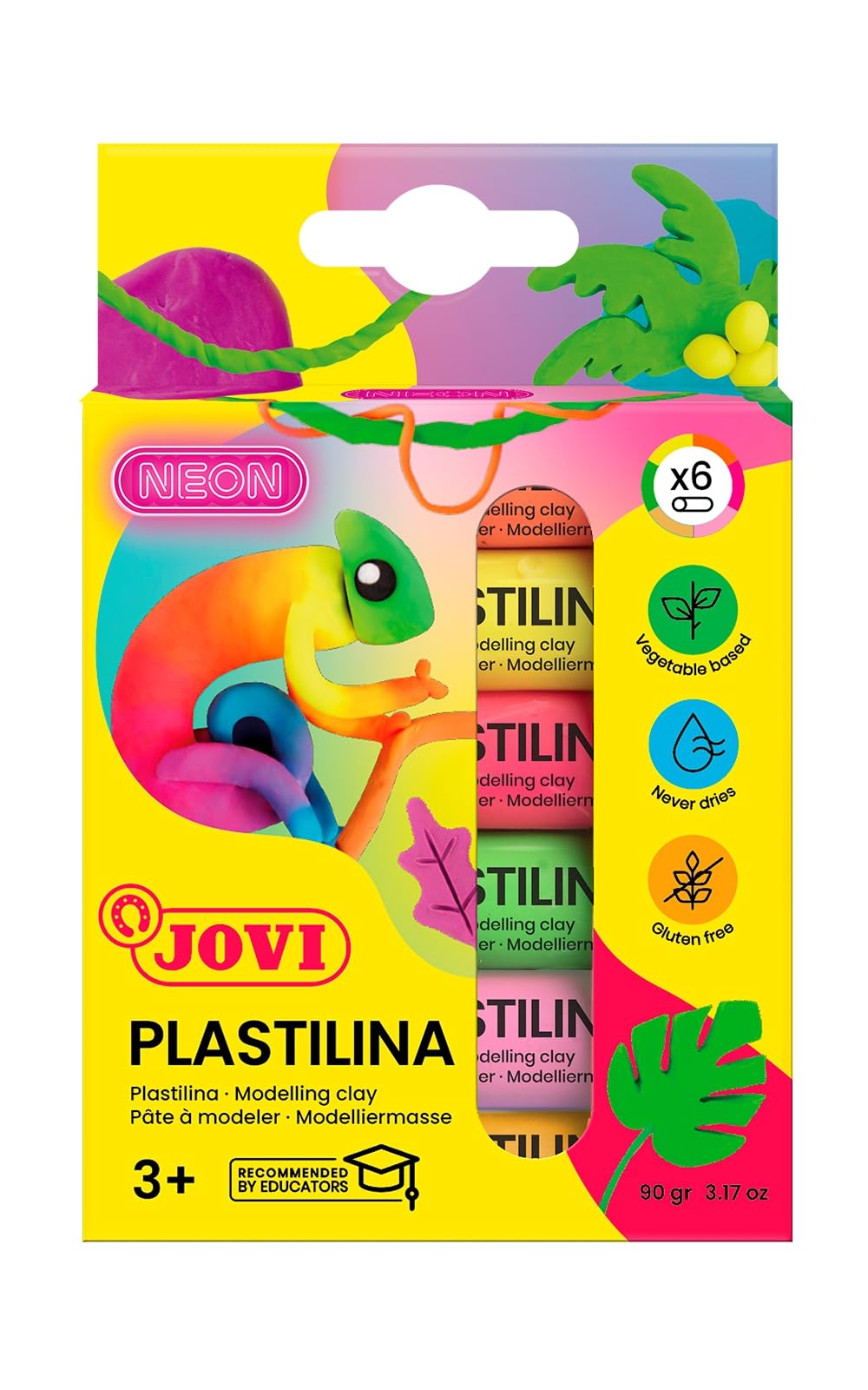 Jovi Plastilina Reusable and Non-Drying Modeling Clay; Neon Colors, 0.50 Oz. Bars, Set of 6, Perfect for Arts and Crafts Projects