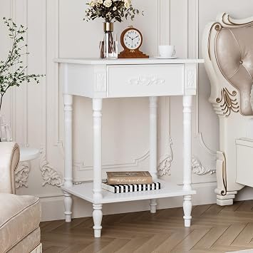 French Country Nightstand with 1 Drawer & Shelf, Accent End Bed Side Table with Wooden Legs, for Living Room Office White 19.7W x 15.7D x 25H