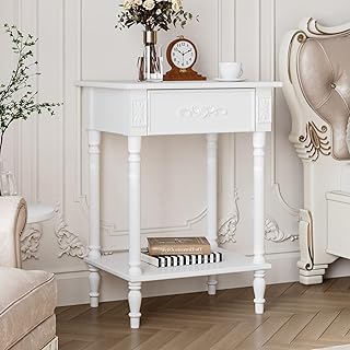 French Country Nightstand with 1 Drawer & Shelf, Accent End Bed Side Table with Wooden Legs, for Living Room Office White 19.7”W x 15.7”D x 25”H
