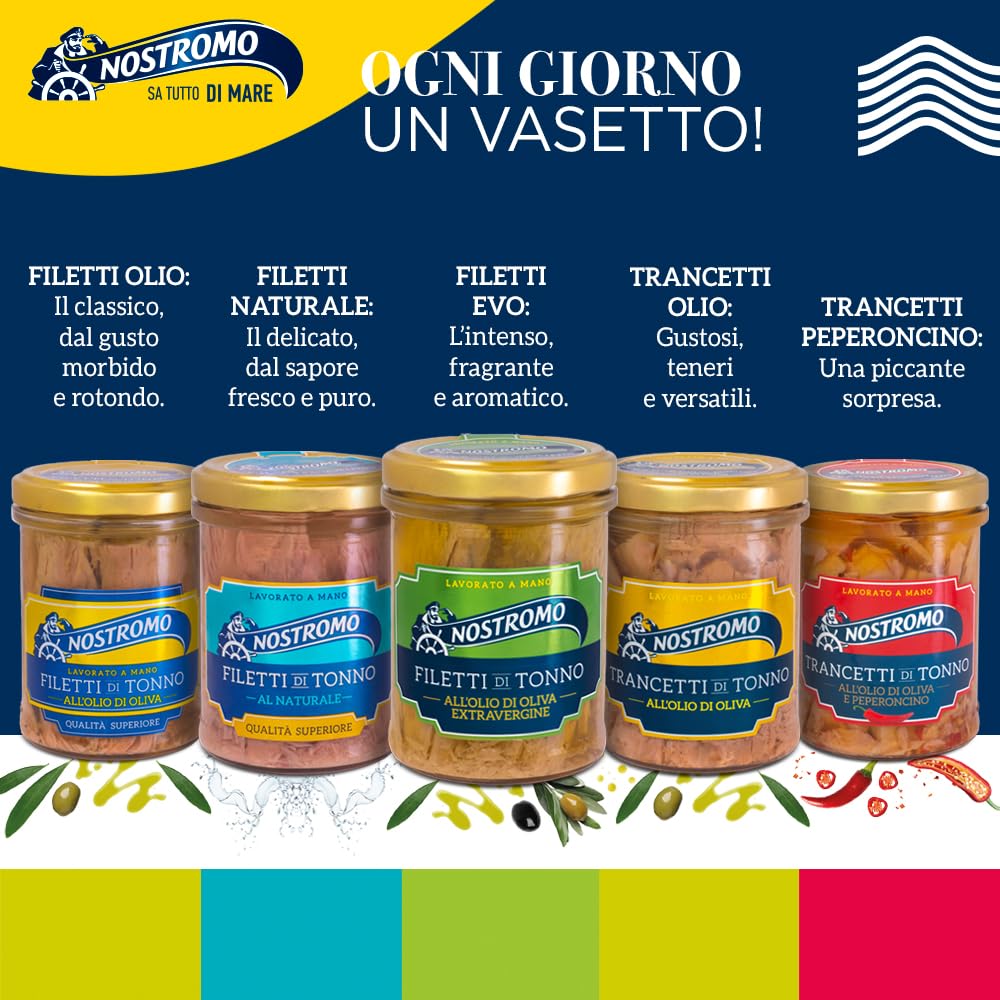 Nostromo Filetti di Tonno all’Olio Extravergine di Oliva 180g – 6 Vasetti, Qualità Superiore, Lavorati a Mano – Fonte di Omega 3, Gusto Premium