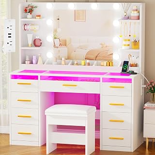 ANWBROAD Vanity Desk with Mirror and Lights 3 Colors Large Makeup Vanity Table Set Transparent Glass Top with 9 RGB Drawers, 4 Shelves Vanity Desk with Stool Power Outlet White Bedroom Women UBDT94W - Amazon product rated Grade A