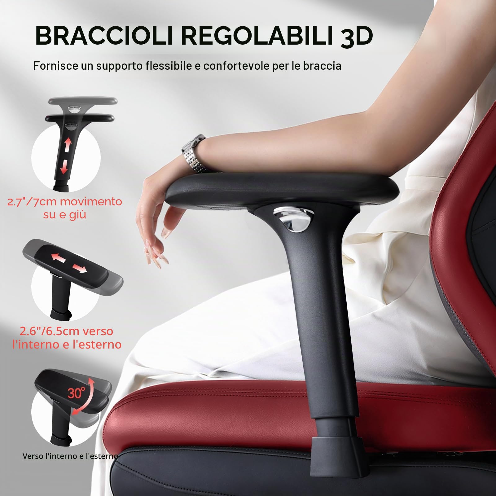 EMIAH Sedia da Ufficio Ergonomica, Sedia da Scrivania Reclinabile con Poggiapiedi, Braccioli Regolabili, Sedia da Gioco con Schienale Alto, Sedia Direzionale con Supporto Lombare, Pelle PU (Rosso)