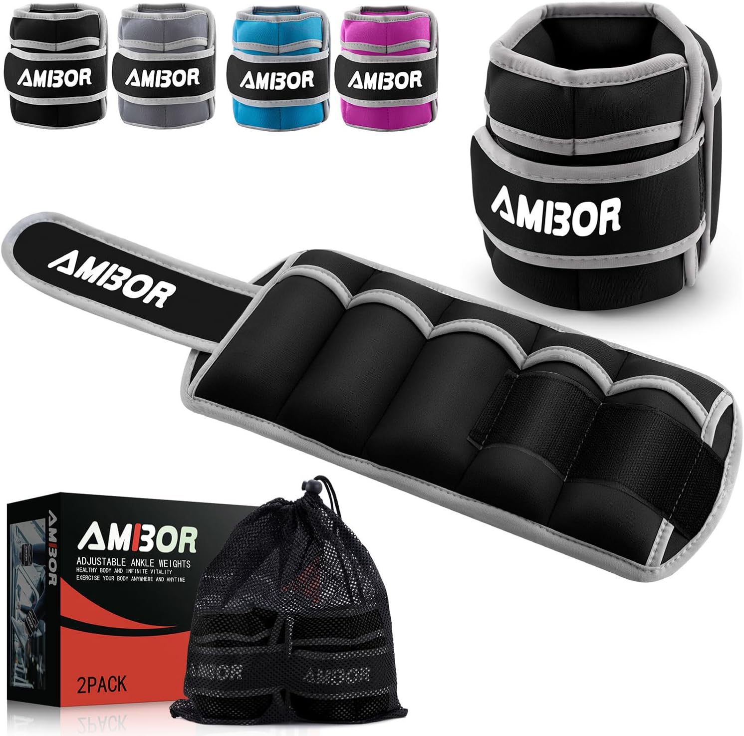 AMBOR Ankle Weights, 1 Pair 2 3 4 5 Lbs Adjustable Leg Weights, Strength Training Ankle Weights for Men Women, Wrist Weights Strap Set for Walking Running Gym Fitness Workout 2 Pack