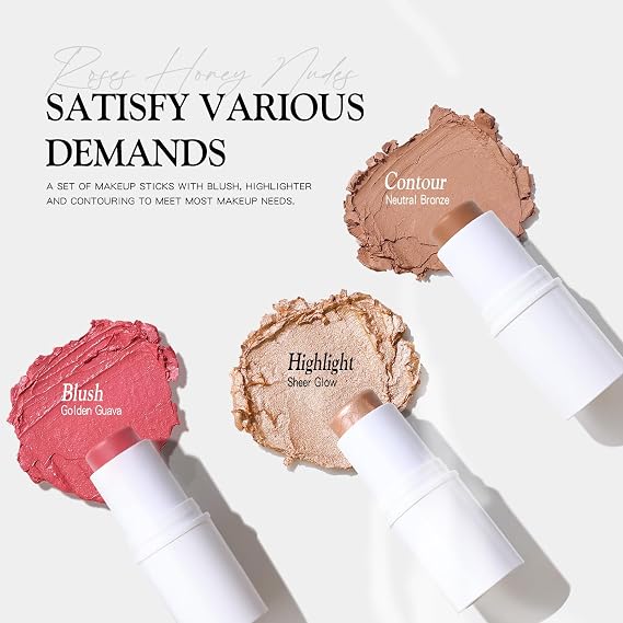 bayfree 3 PCS Makeup Cream Contour Stick Set, Highlighter, Bronzer & Blush Stick Trio for Face, Long Lasting, Natural Face Contour, Dewy & Matte Finish, Suitable for All Skin