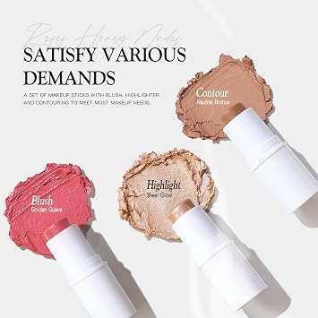 bayfree 3 PCS Makeup Cream Contour Stick Set, Highlighter, Bronzer & Blush Stick Trio for Face, Long Lasting, Natural Face Contour, Dewy & Matte Finish, Suitable for All Skin