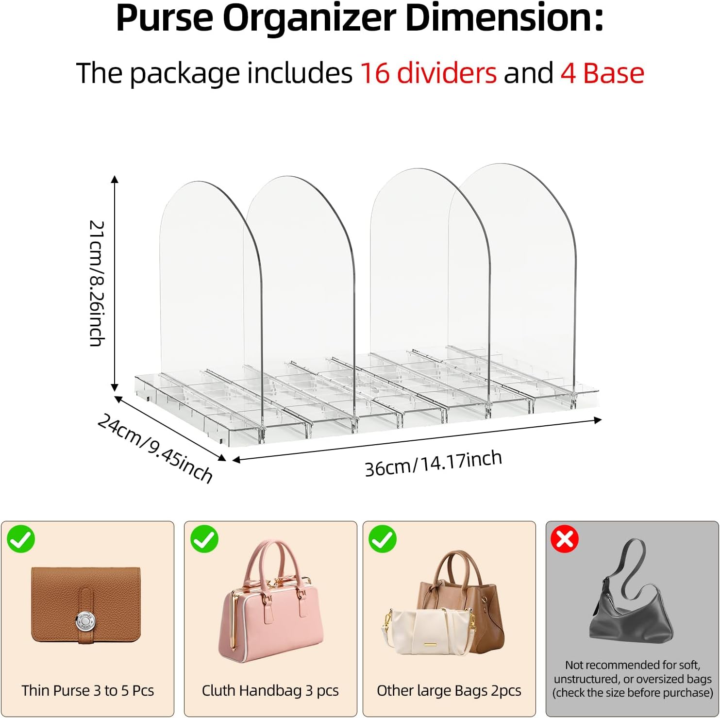 Purse Organizer for Closet 4 Pack Clear Handbag Storage Organizer Adjustable Acrylic Shelf Dividers for Closet Organizers and Storage, Keep Pocketbook, Clutch, Wallet, Bag Upright