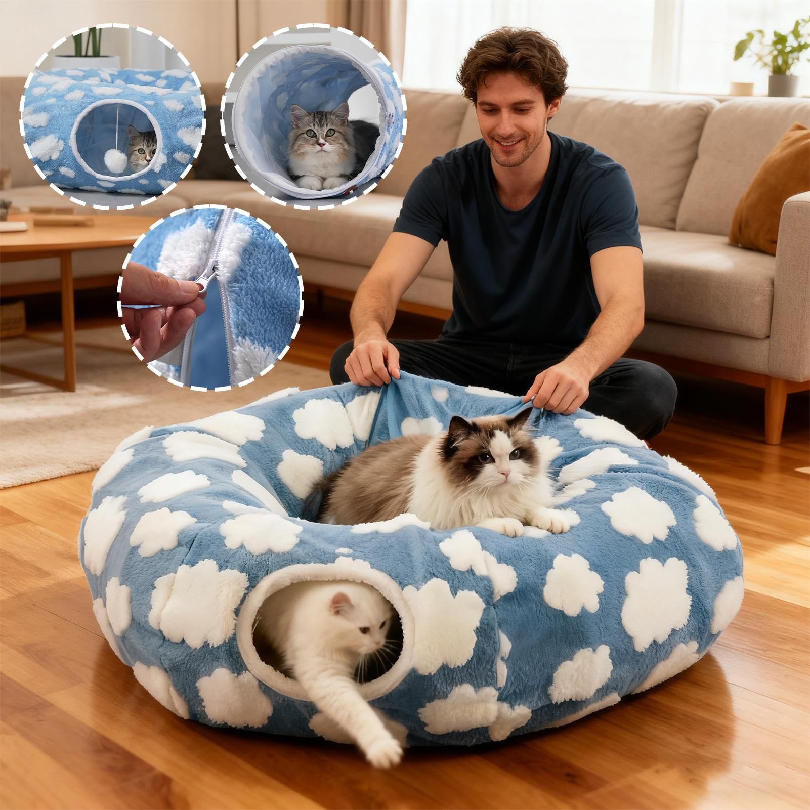 Katzen Tunnel Bett Waschbares Niedliches Nest | Rundes Katzenbett Winter Haustiernest Für Haustiere Kätzchen Welpe Kaninchen Innenbereich Schlafzimmer Wohnzimmer
