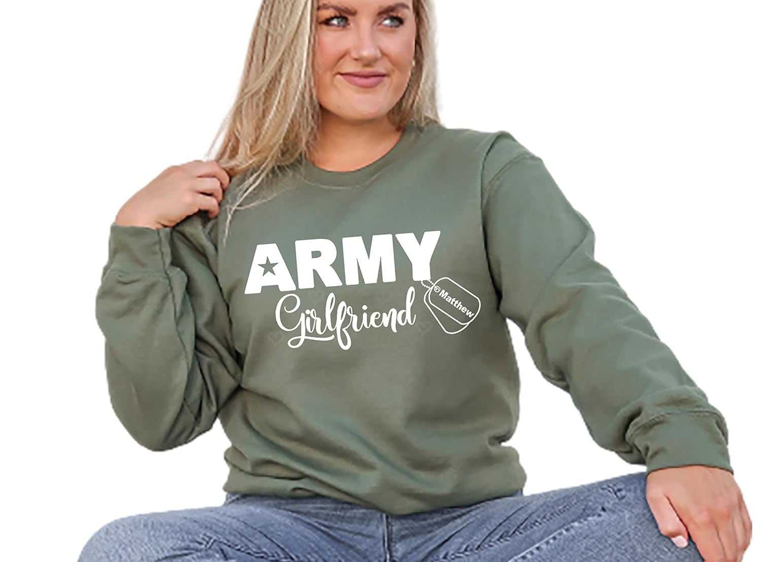 Custom Army Girlfriend Sweatshirt with Soldier Name (2XL, Sweatshirt, Military green)