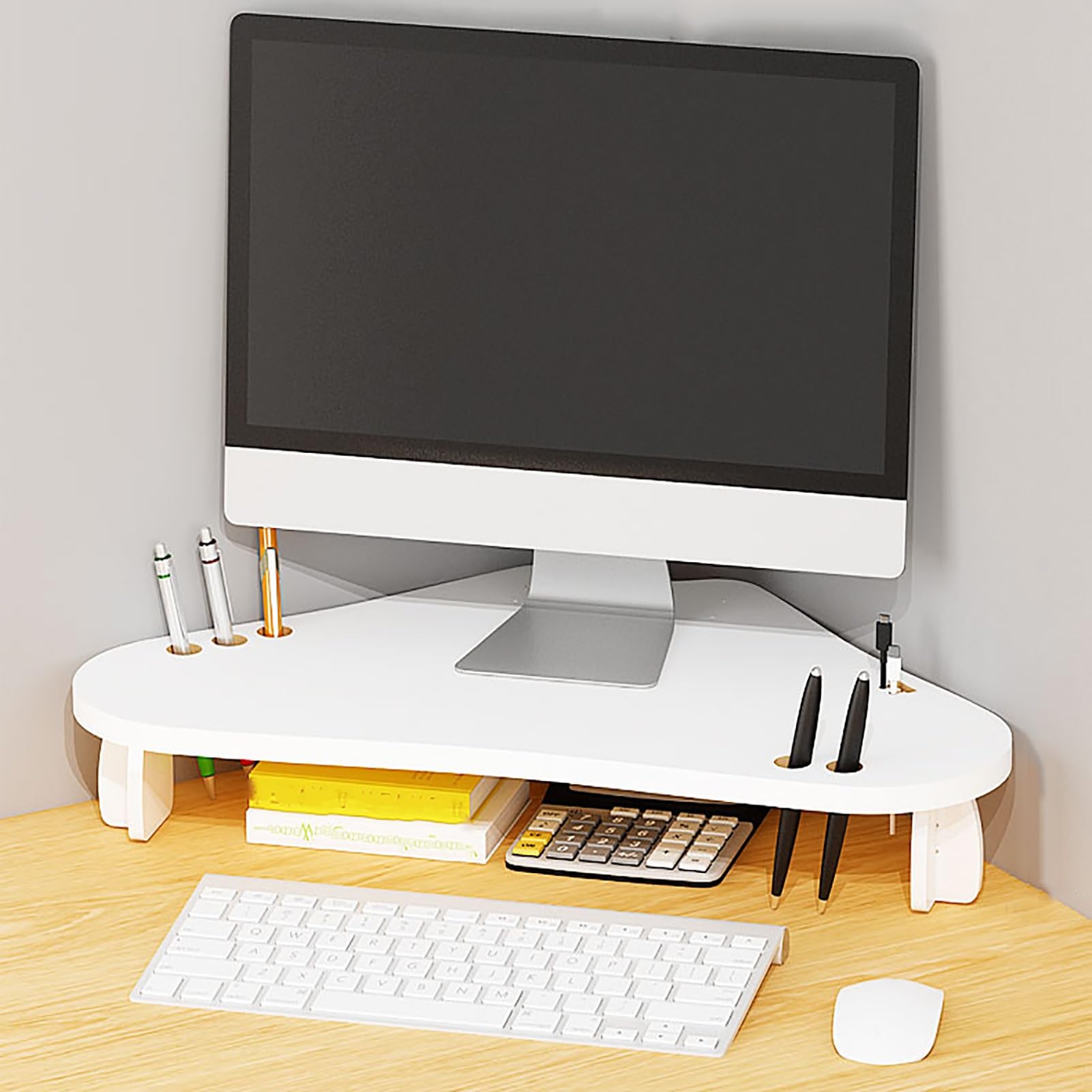 Podstawka pod monitor komputerowy/trójkątny, narożne białe podstawki z uchwytami na długopisy i otworem na kabel, ergonomiczna trójkątna półka na biurko