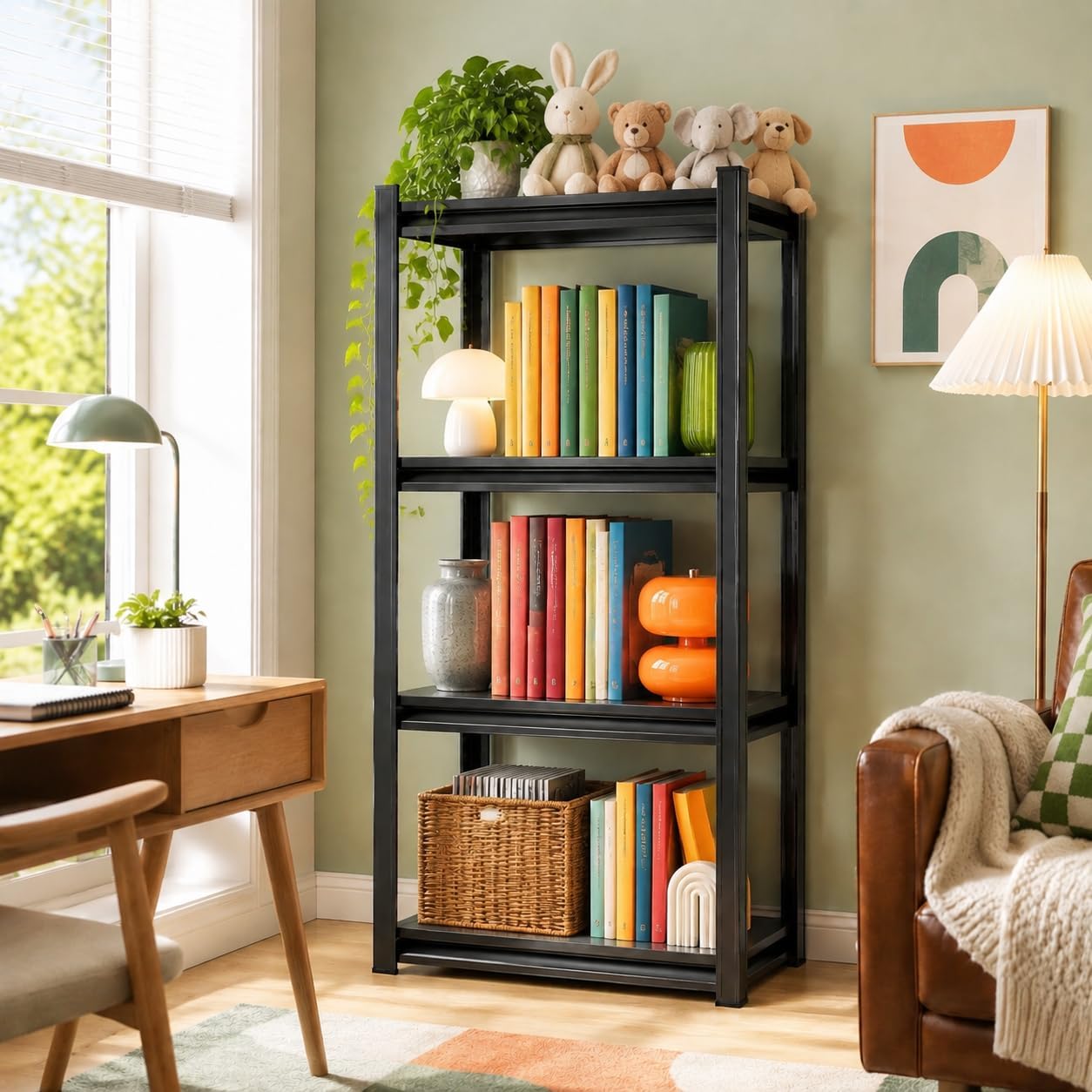 Upgraded Bookshelf, Heavy Duty 2000LBS Adjustable Industrial Bookcase with Anti-Tip Kit, Boltless Steel Storage Shelves for Home Office, Living Room and Bedroom, 14" Wx 12" Dx 44" H