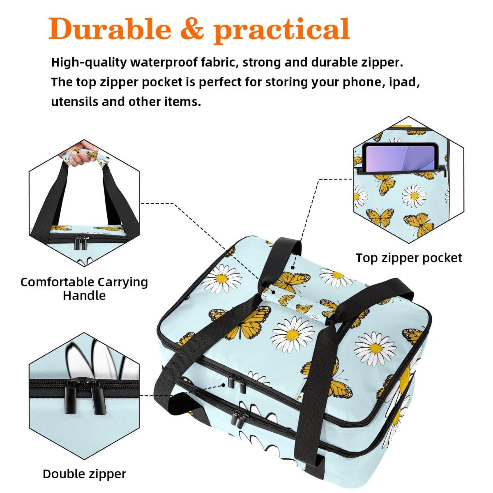 Grand sac à déjeuner isotherme pour homme et femme, double couche, étanche, étanche, réutilisable, sac fourre-tout pour le travail, l'école, le pique-nique, la plage, le camping, les voyages, papillon