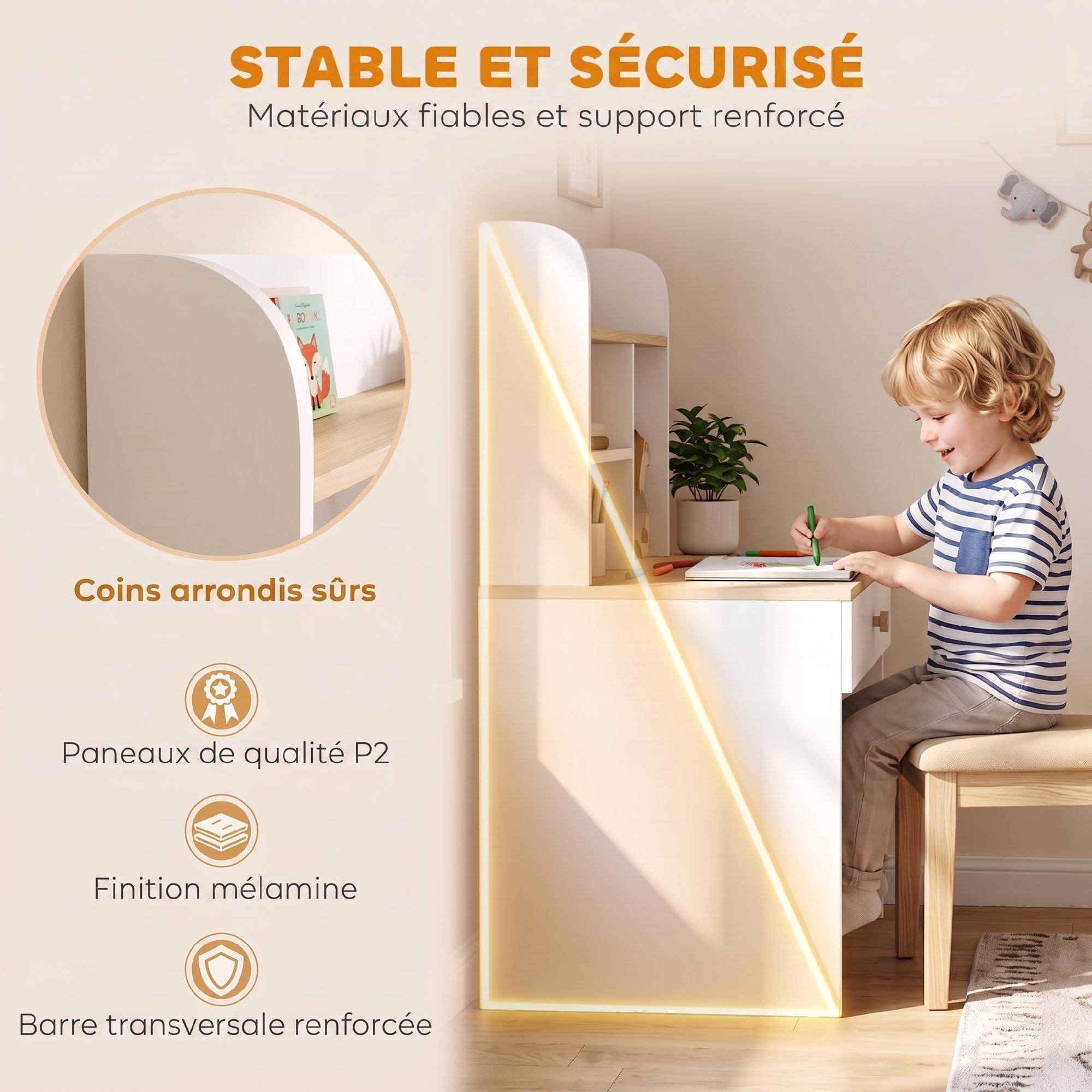 AIYAPLAY Bureau Enfant en Bois avec Rangement Plateau Large Blanc