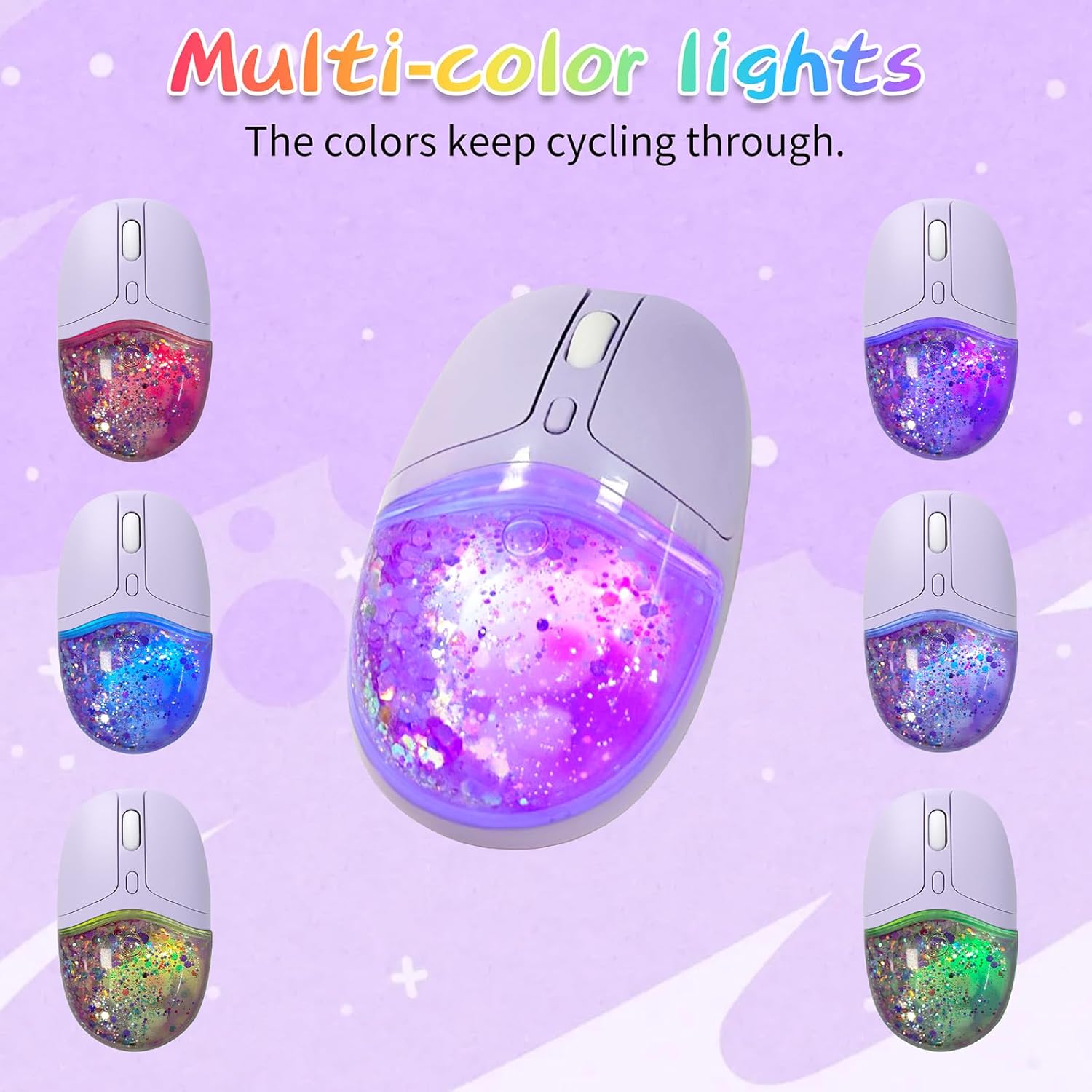 Wireless Bluetooth Mouse -Cute Clear Aqua Design, Glitter Liquid Sand Water Mouse with Optical Precision, Silent Clicks, LED Breathing Light,Transparent Retro Style for Home Office (Purple)