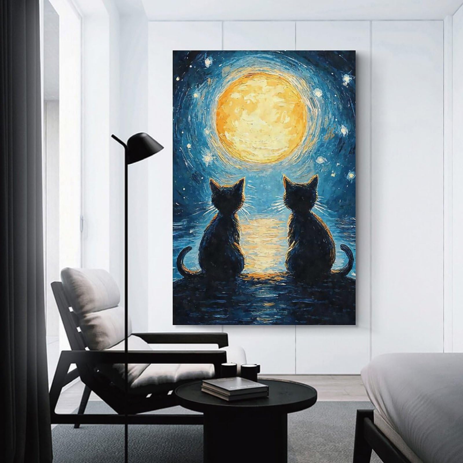 Junmoney Unframe-Style-20 Hanging Wall Art Cats Moon Starry Night, 12X18inch(30X45cm), For Gallery Wall Layouts In Home Or Office, An Easy Match For Collected Prints