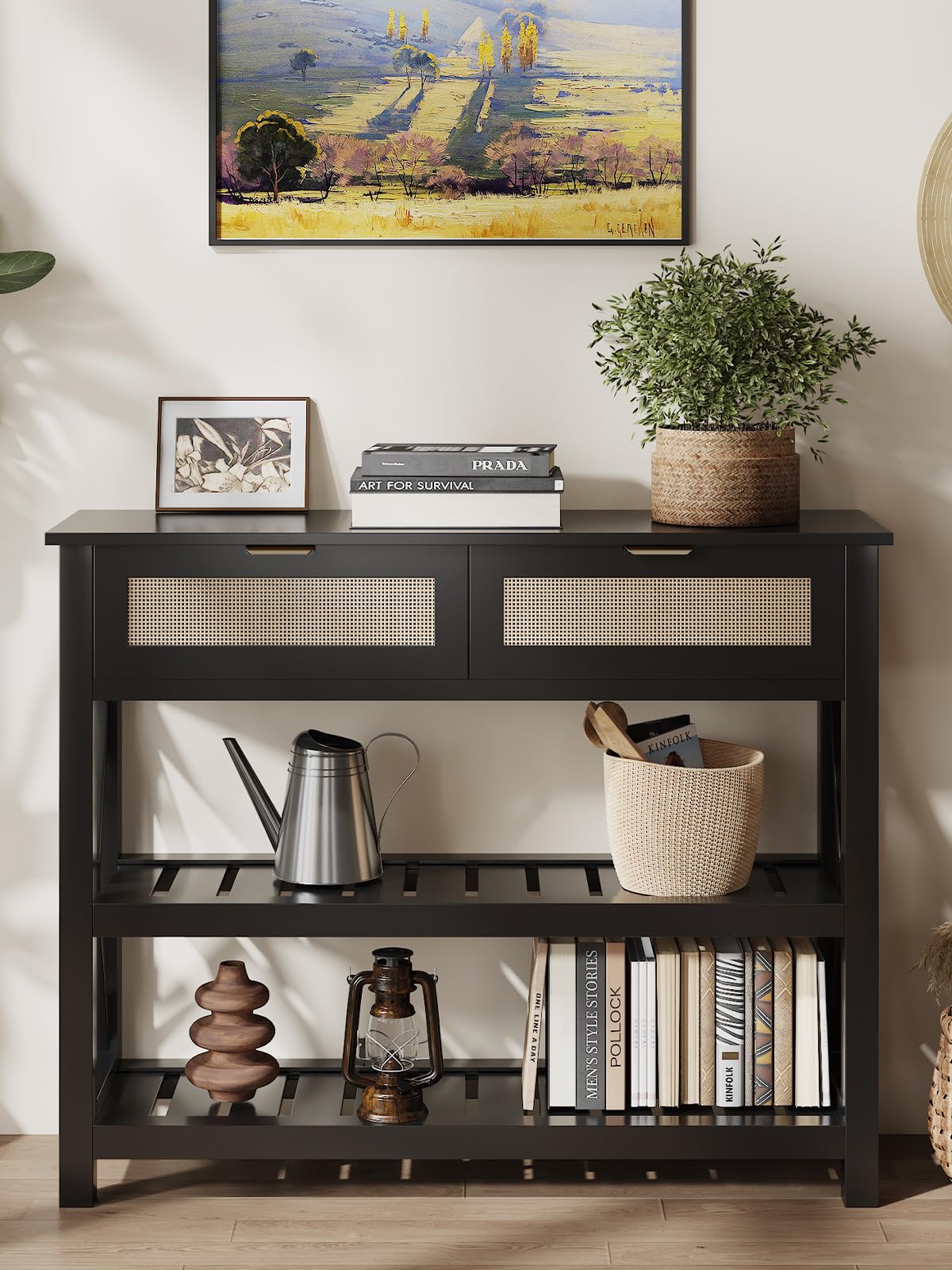 Console Table with 2 Rattan Drawers, Wooden Entryway Table with 3-Tier Storage Shelves, Display Shelf for Entryway, Hallway, Foyer and Living Room, Black