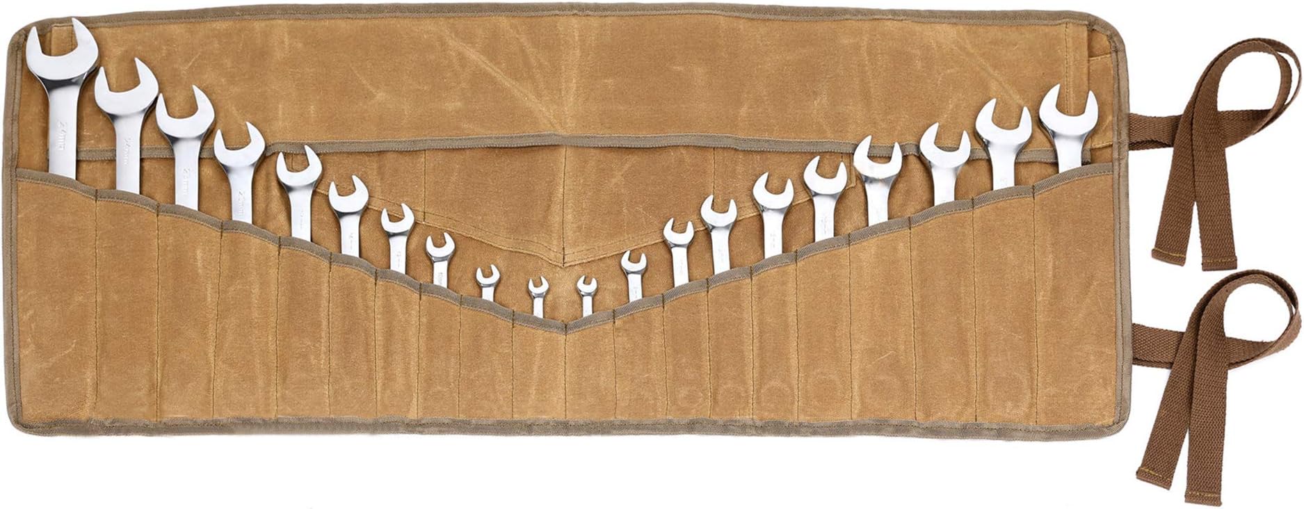 Denifiter 20+4 Pockets Roll Up Pouch, Hand Tool Roll Bag, Durable 16OZ Waxed Canvas Wrench Roll for Metric or SAE (Khaki)