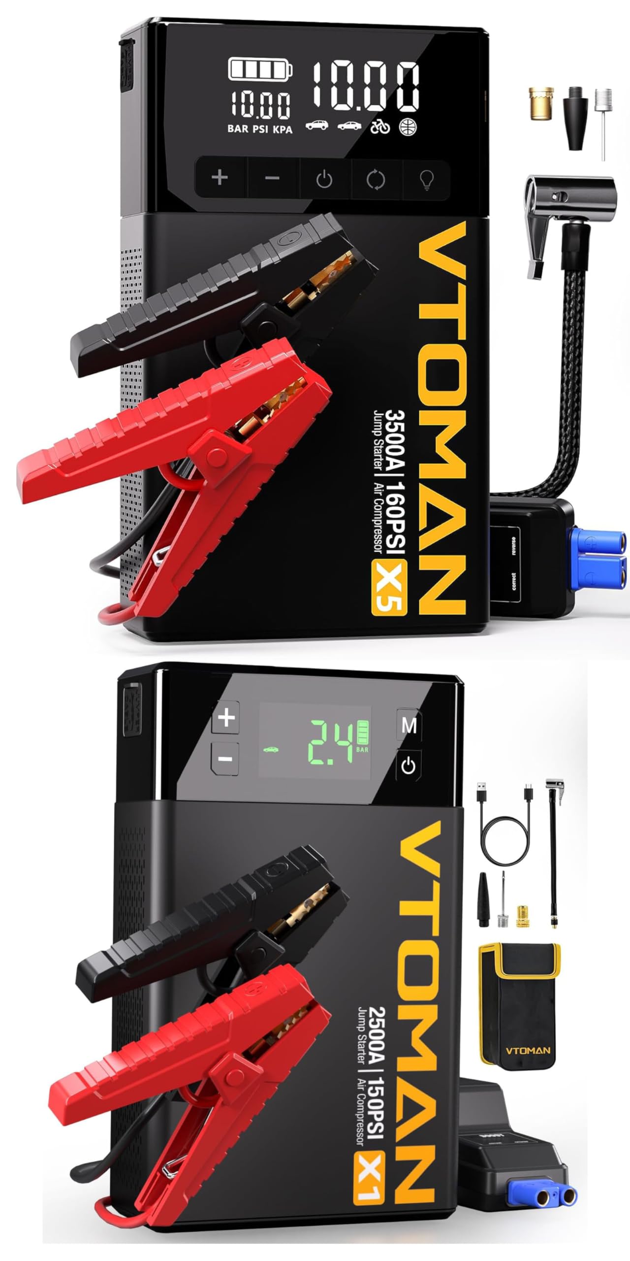 VTOMAN X5 Black Jump Starter Power Pack With Air Compressor, 3500A 12V Car Battery Booster Jump Starter (Up To 9L Gas/8L Diesel Engines), Portable...