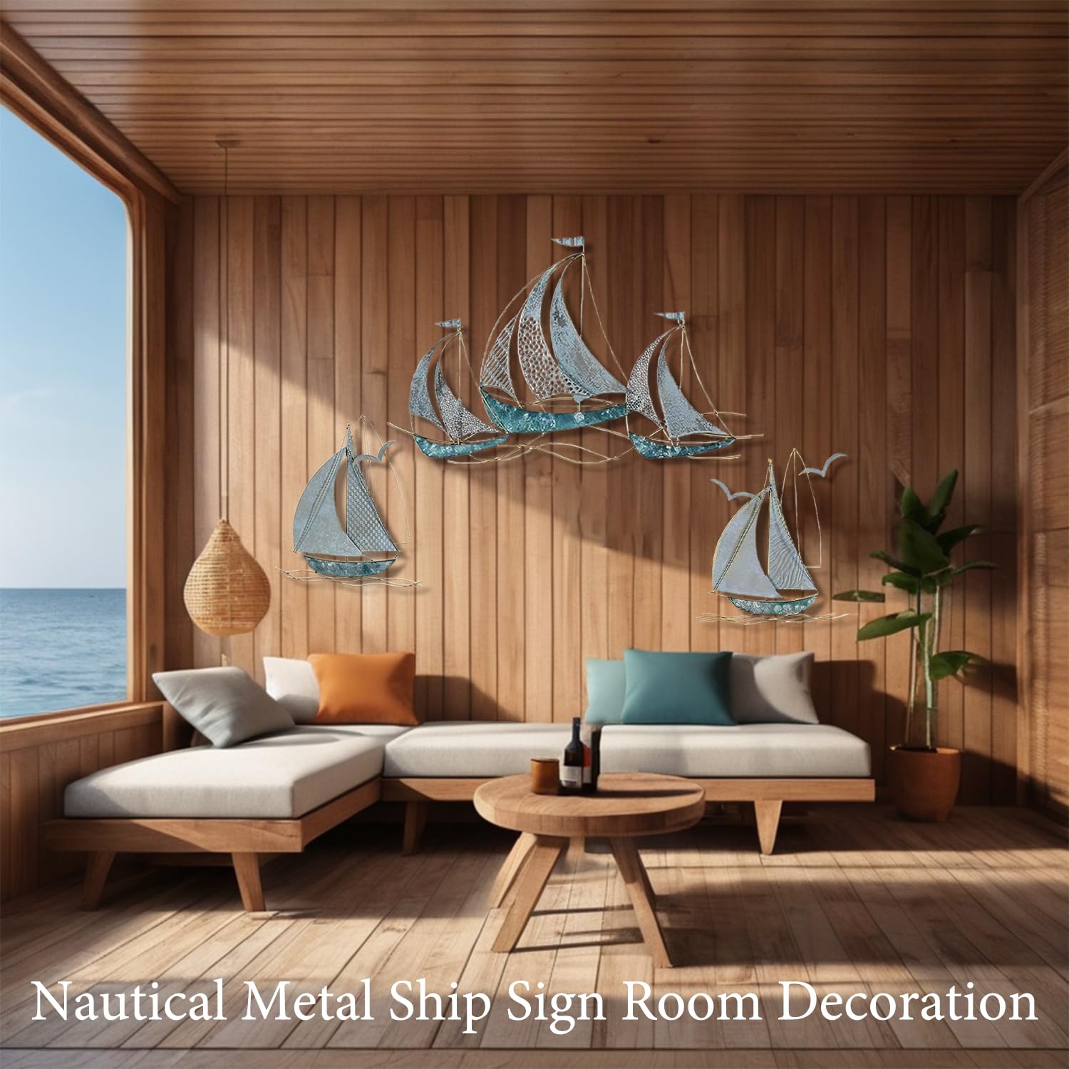 Decorazione da Parete in Metallo Barca A Vela Set 3 Pezzi, Decorazione Marina Blu per Soggiorno Camera da Letto Bagno Interno & Esterno
