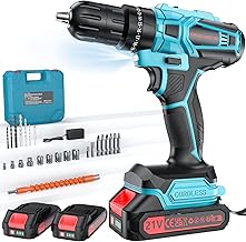 21 V Cordless Drill with Batteries 4000 mAh, Pair 45 Nm, Max 25 + 3 Levels of Torque (2 Gears and LEDs) for Home and Garden DIY, 2 x 2.0Ah Batteries (Blue)