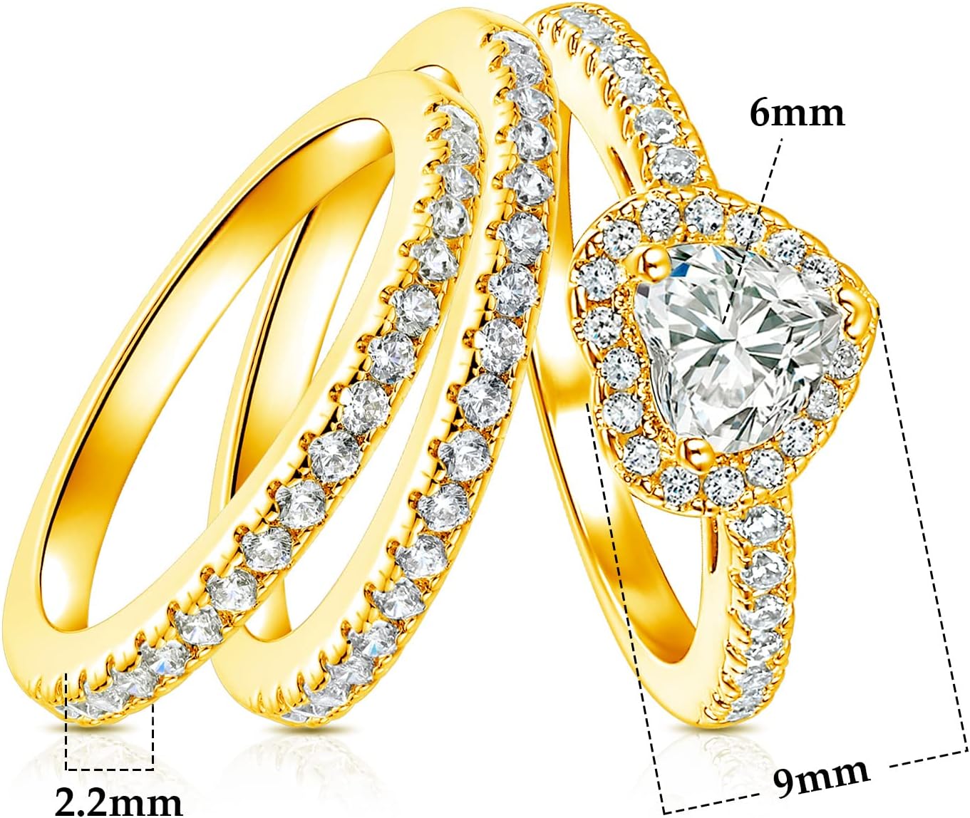 Three-in-One Heart Halo Wedding Rings Set Engagement Ring 18K Yellow Gold Plated Cubic Zirconia Band Promise Eternity Ring for Women Size 8 - Image 6