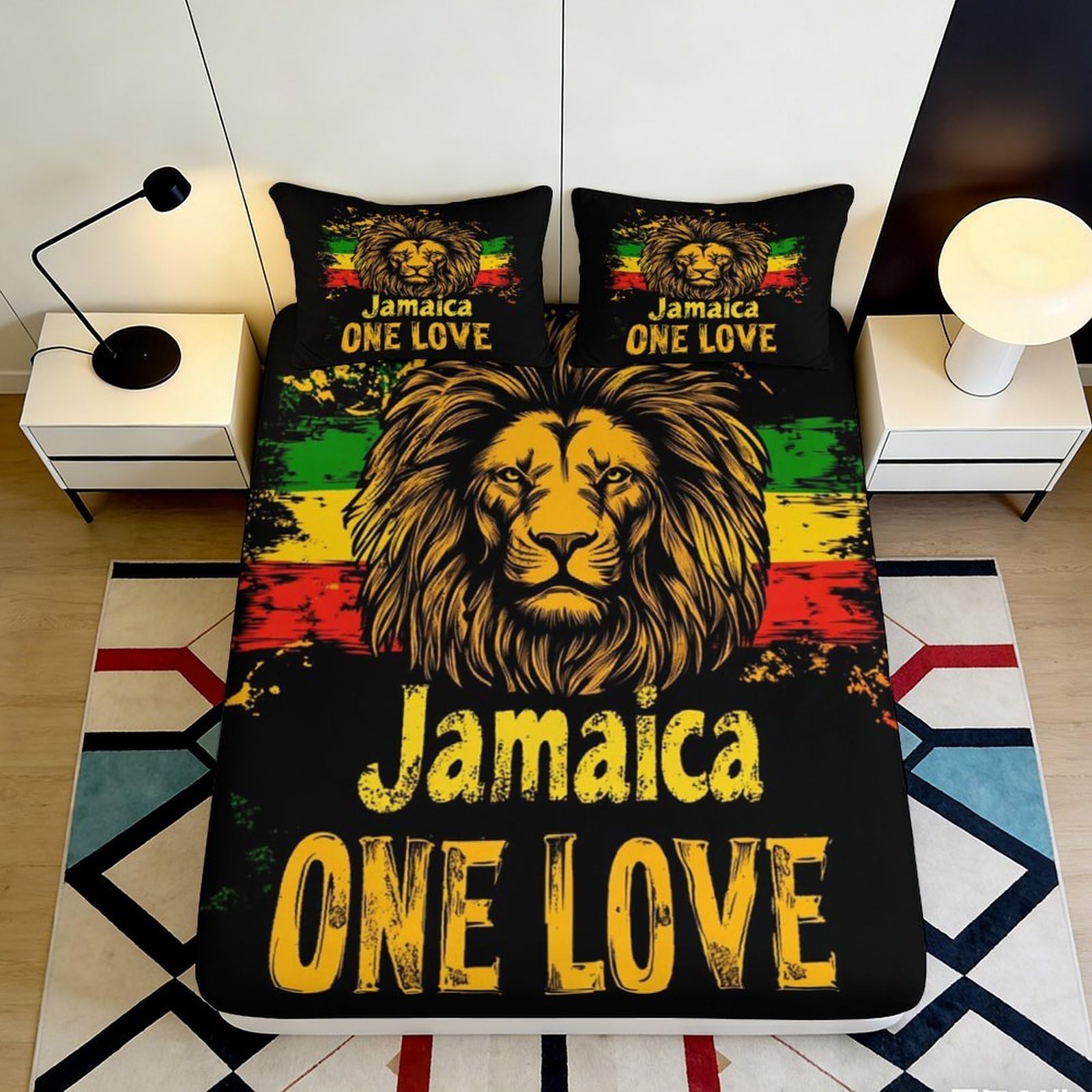 3D Printed Lion Reggae Fitted Sheet Microfiber Rasta Jamaica Bed Cover for Bedroom Guest Room Mattress Decor 90x200x25cm