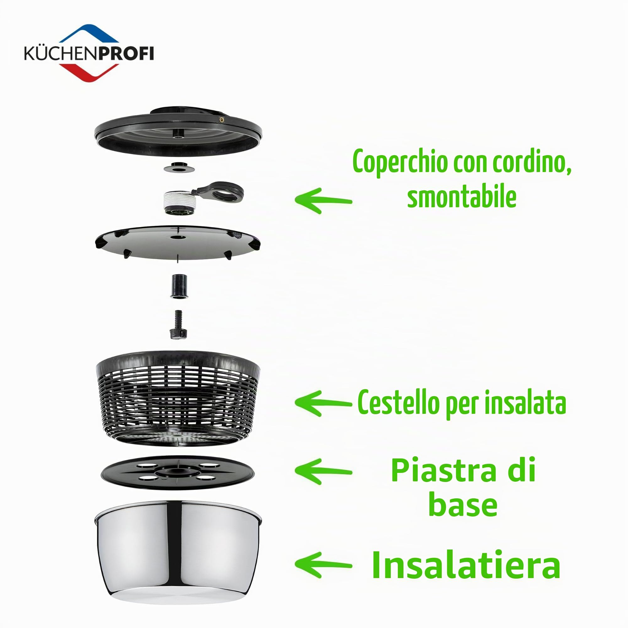 Küchenprofi Centrifuga per insalata WAVE, in acciaio inox, con corda, ciotola per insalata con coperchio, piastra base e cestello, smontabile per una facile pulizia, capacità 3,25 l, Ø 24,5 cm
