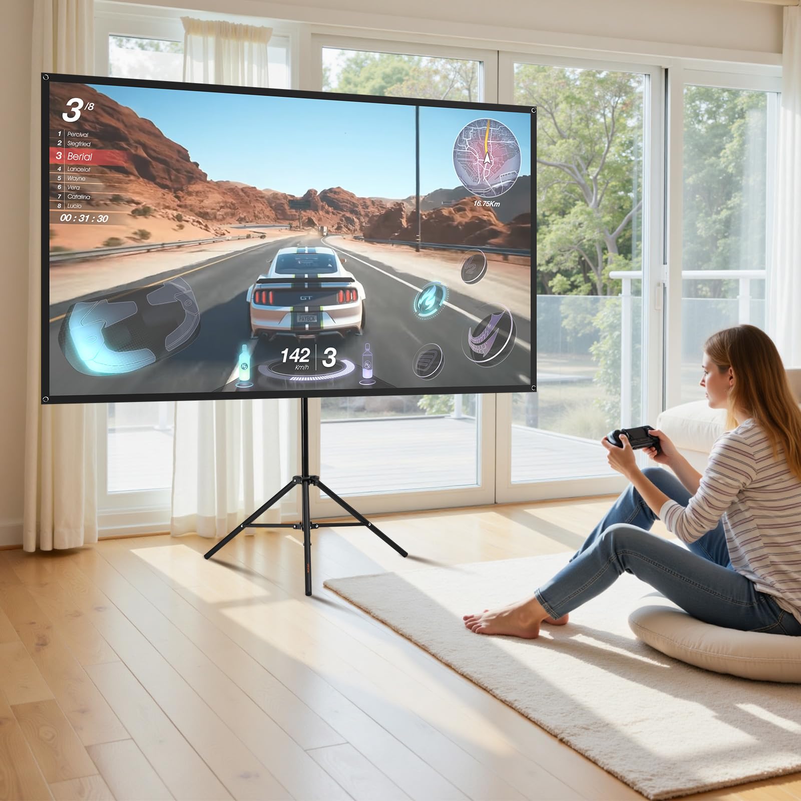 VEVOR Ekran projektora ze stojakiem, przenośne ekrany przeciwzmarszczkowe do użytku wewnątrz i na zewnątrz 160°, 4K HD 16:9, ze statywem i torbą transportową, do prezentacji kinowych, biur
