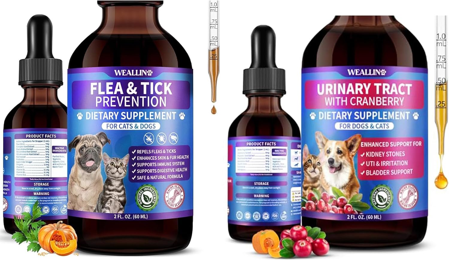WEALLIN Flea and Tick Prevention Support Drop + Natural Urinary Tract Infection Treatment for Dogs & Cats | Pets Oral Natural Supplement Pet Care Support Drops for All Breeds and Ages